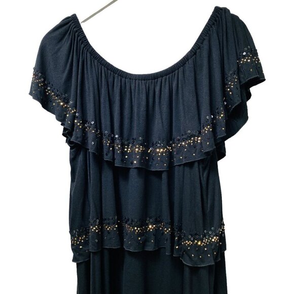 KAREN KANE Flowy Top Plus Size 2X Black Gold Sequined Ruffled Tier Peasant Tunic - Picture 3 of 9